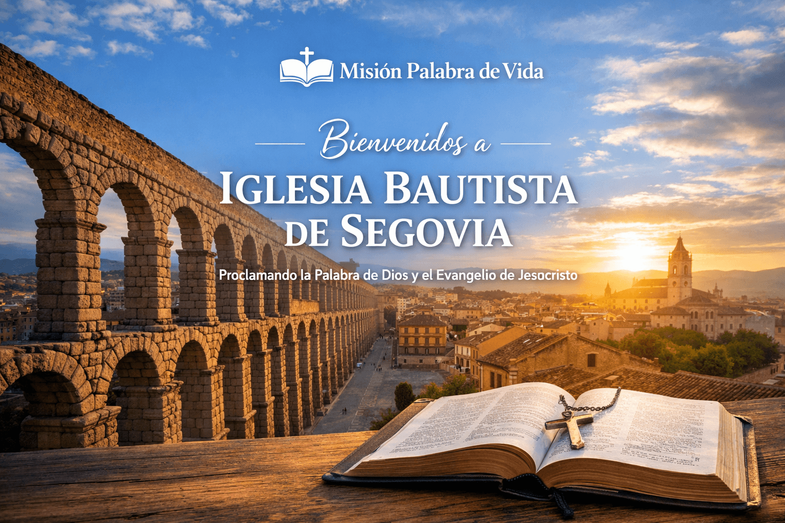El acueducto de Segovia al atardecer con una Biblia abierta en primer plano